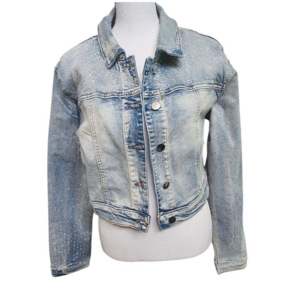 Fashion Nova Denim Rhinestone Jacket NWT Size Large Rocker Hippie Chic